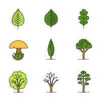 Trees color icons set. Poplar, birch, oak leaves and trees, mushroom, pine. Isolated vector illustrations