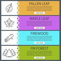 Forest web banner templates set. Maple leaf, fir trees, firewood. Website color menu items with linear icons. Vector headers design concepts