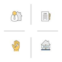 Real estate market color icons set. Broker, hand with key, sold house, loan. Isolated vector illustrations