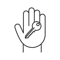 Hand with key linear icon. Thin line illustration. Realty purchase. Private property owner. Contour symbol. Vector isolated outline drawing