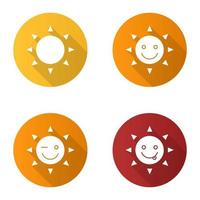 Sun smiles flat design long shadow glyph icons set. Good mood. Smiling, yummy and winking sun smiles. Vector silhouette illustration