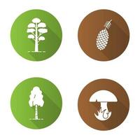 Conjunto de iconos de glifos de larga sombra de diseño plano forestal. cono de pino y árbol, abedul, seta. ilustración de silueta de vector