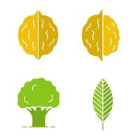 Forestry glyph color icon set. Walnut leaf, oak tree, nuts. Silhouette symbols on white backgrounds. Negative space. Vector illustrations