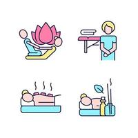 Beauty procedures RGB color icons set. Stretching techniques. Massage practitioner. Applying heated stones. Isolated vector illustrations. Simple filled line drawings collection. Editable stroke