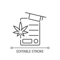 Cannabis education linear icon. Training for cannabis industry. Pharmaceutical science. Thin line customizable illustration. Contour symbol. Vector isolated outline drawing. Editable stroke