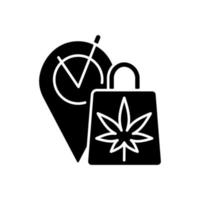 Marijuana dispensary black glyph icon. Recreational cannabis retail store. Buying marijuana products legally. Online order and purchase. Silhouette symbol on white space. Vector isolated illustration