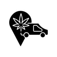 Cannabis transportation black glyph icon. Medical marijuana distribution. Cannabis spread legalization. Shipping hemp-derived goods. Silhouette symbol on white space. Vector isolated illustration