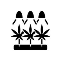 Cannabis cultivation black glyph icon. Grow herbs under artificial light. Marijuana seeds germination. Industrial hemp farm. Hydroponics. Silhouette symbol on white space. Vector isolated illustration