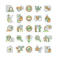 Verbal aggressiveness RGB color icons set. Detecting hate speech. Gender-based violence. Cyberbullying in social media. Isolated vector illustrations. Simple filled line drawings collection