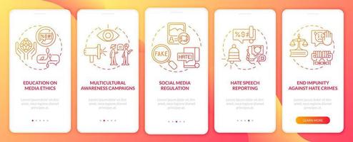 Tackling hate speech onboarding mobile app page screen. Social media regulation walkthrough 5 steps graphic instructions with concepts. UI, UX, GUI vector template with linear color illustrations