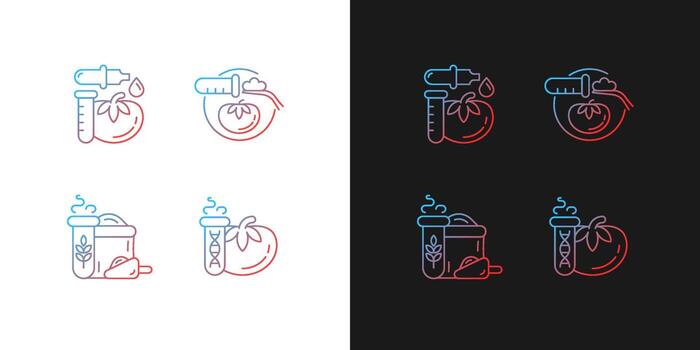 Iconos de gradiente de aditivos alimentarios artificiales establecidos para el modo oscuro y claro. productos orgánicos modificados. paquete de símbolos de contorno de línea delgada. colección de ilustraciones de contorno vectorial aislado en blanco y negro vector