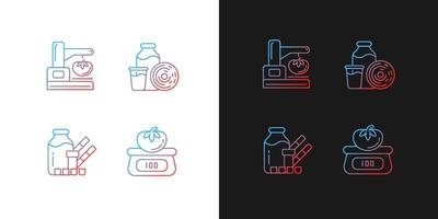 Food physical property test gradient icons set for dark and light mode. Weighing and measuring. Thin line contour symbols bundle. Isolated vector outline illustrations collection on black and white