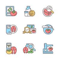 Conjunto de iconos de color rgb de análisis de alimentos. Detección de peligros biológicos y químicos. variados métodos de examen. ilustraciones vectoriales aisladas. colección de dibujos de líneas rellenas simples. trazo editable vector