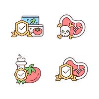 Food production certification RGB color icons set. Nutrition testing and storage. Food safety and hygiene. Isolated vector illustrations. Simple filled line drawings collection. Editable stroke