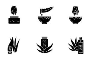 Aloe vera black glyph icons set on white space. Medicinal herbs juice. Pure organic lotion. Healing liquid from plants. Natural skincare. Leaf, sprout. Silhouette symbols. Vector isolated illustration