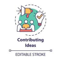 Contributing ideas concept icon. Business meeting. Briefing and teamwork. Cooperation in group. Brainstorming idea thin line illustration. Vector isolated outline RGB color drawing. Editable stroke