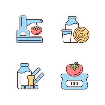 Food physical property test RGB color icons set. Visual appearance evaluation. Weighing and measuring. Isolated vector illustrations. Simple filled line drawings collection. Editable stroke