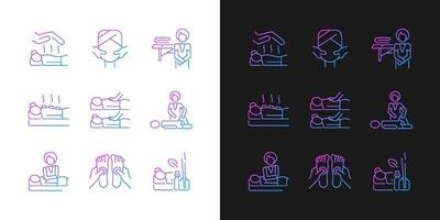 Spa treatments gradient icons set for dark and light mode. Reiki session. Face massage. Thin line contour symbols bundle. Isolated vector outline illustrations collection on black and white