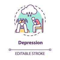 Depression concept icon. Loneliness. Sadness. Major depressive disorder. Mental illness. Psychology, psychiatry idea thin line illustration. Vector isolated outline RGB color drawing. Editable stroke