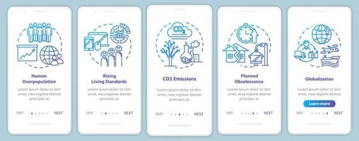 Overconsumption onboarding mobile app page screen with concepts. Globalization, overpopulation. Consumerism walkthrough 5 steps graphic instructions. UI vector template with RGB color illustrations