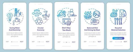 Responsible consumption onboarding mobile app page screen with concepts. Recycle, ecology. Consumerism walkthrough 5 steps graphic instructions. UI vector template with RGB color illustrations