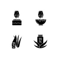 Aloe vera black glyph icons set on white space. Juice from cut succulent leaf. Liquid from sliced cactus thorn. Pure plant based cosmetic products. Silhouette symbols. Vector isolated illustration