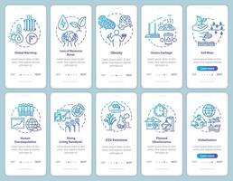 Overconsumption onboarding mobile app page screen with concepts. Environmental damage. Consumerism walkthrough 5 steps graphic instructions. UI vector template with RGB color illustrations