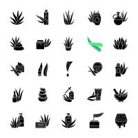 Aloe vera black glyph icons set on white space. Natural cosmetic and dermatology. Medicinal herbs. Succulent, cactus. Healthy skincare products. Silhouette symbols. Vector isolated illustration