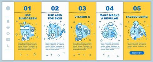 plantilla de vector de incorporación de cuidado de la piel. use protector solar. ácido para la piel y vitamina c. mascarillas regulares, construcción facial. sitio web móvil receptivo con iconos. pantallas de pasos del tutorial de la página web. concepto de color rgb