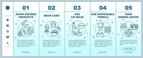 Skincare onboarding vector template. Avoid expired products. Neck, lip care. Disposable towels, herbal baths. Responsive mobile website with icons. Webpage walkthrough step screens. RGB color concept