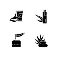 Aloe vera black glyph icons set on white space. Plant based cream. Moisturizing juice from medicinal herbs. Spa treatment. Cosmetic products. Silhouette symbols. Vector isolated illustration