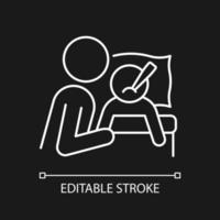 Taking care of ill child white linear icon for dark theme. Building deep emotional bond. Thin line customizable illustration. Isolated vector contour symbol for night mode. Editable stroke