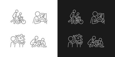 Good parenting linear icons set for dark and light mode. Learning to ride bike. Blow bubbles together. Customizable thin line symbols. Isolated vector outline illustrations. Editable stroke