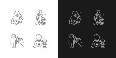 Child care linear icons set for dark and light mode. Singing to baby. Playing on swings. Punishment gesture. Customizable thin line symbols. Isolated vector outline illustrations. Editable stroke