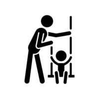 Playing on swings black glyph icon. Outdoor play with child. Motor skills development. Increase emotional bonding with parent. Silhouette symbol on white space. Vector isolated illustration