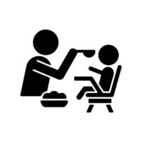 Feeding in highchair black glyph icon. Helping baby eating. Keeping toddler upright. Bonding with child during mealtime. Eating together. Silhouette symbol on white space. Vector isolated illustration