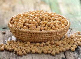 Soy beans in a basket on wooden photo