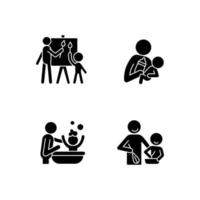 Los iconos de glifos negros de unión entre padres e hijos se establecen en un espacio en blanco. pintando juntos. la alimentación con biberón. niño bañándose. clase de cocina. contacto piel a piel. símbolos de silueta. vector ilustración aislada