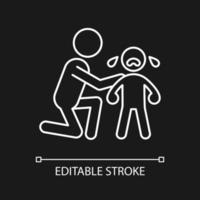 Comforting crying child white linear icon for dark theme. Cuddling and softly talking to kid. Thin line customizable illustration. Isolated vector contour symbol for night mode. Editable stroke