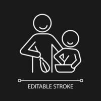 Cooking with kid white linear icon for dark theme. Creating family tradition. Prepare food together. Thin line customizable illustration. Isolated vector contour symbol for night mode. Editable stroke