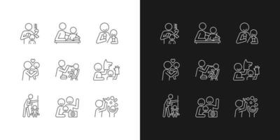 Bonding activity linear icons set for dark and light mode. Braiding pigtails. Help with homework. Kissing child. Customizable thin line symbols. Isolated vector outline illustrations. Editable stroke