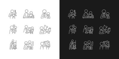 Bonding activity linear icons set for dark and light mode. Braiding pigtails. Help with homework. Kissing child. Customizable thin line symbols. Isolated vector outline illustrations. Editable stroke