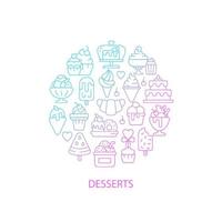 Assorted desserts abstract gradient linear concept layout with headline. Sweets collection minimalistic idea. Thin line graphic drawings. Isolated vector contour icons for background