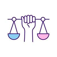 Scales and hand RGB color icon. Symbol of justice. Human rights and equality. Persons rights at workplace. Protect human entitlements. Isolated vector illustration. Simple filled line drawing