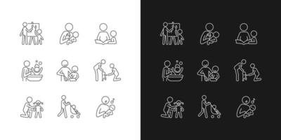 Responsible parenthood linear icons set for dark and light mode. Art therapy. Bottle feeding. Reading book. Customizable thin line symbols. Isolated vector outline illustrations. Editable stroke