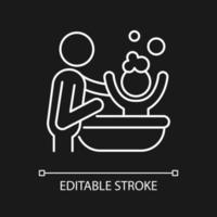 Bathing child white linear icon for dark theme. Providing secure feeling. Skin-to-skin contact. Thin line customizable illustration. Isolated vector contour symbol for night mode. Editable stroke