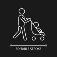 Walking with stroller white linear icon for dark theme. Early bonding time with newborn. Thin line customizable illustration. Isolated vector contour symbol for night mode. Editable stroke