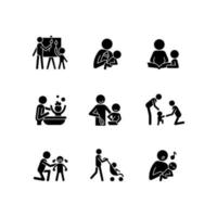 iconos de glifos negros de paternidad responsable en espacios en blanco. Terapia artística. la alimentación con biberón. libro de lectura. niño bañándose. clase de cocina. muestre empatía. símbolos de silueta. vector ilustración aislada