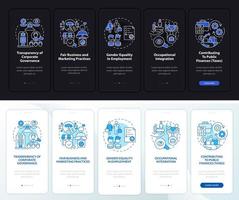 CSR matters dark and light onboarding mobile app page screen. Walkthrough 5 steps graphic instructions with concepts. UI, UX, GUI vector template with linear night and day mode illustrations