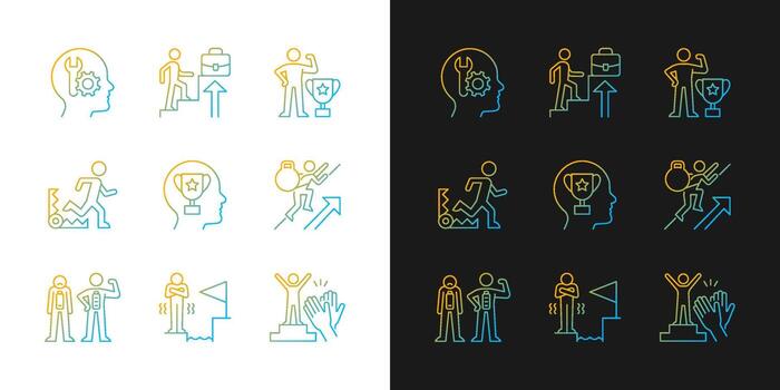 iconos de gradiente de motivación fuerte establecidos para el modo oscuro y claro. deseo de reconocimiento y aprobación. paquete de símbolos de contorno de línea delgada. colección de ilustraciones de contorno vectorial aislado en blanco y negro vector